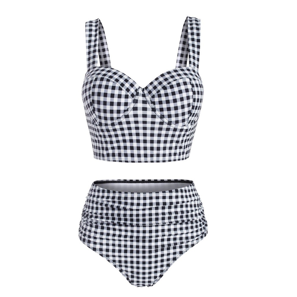 Gingham Side Boning Push Up Ruched bikini NWT